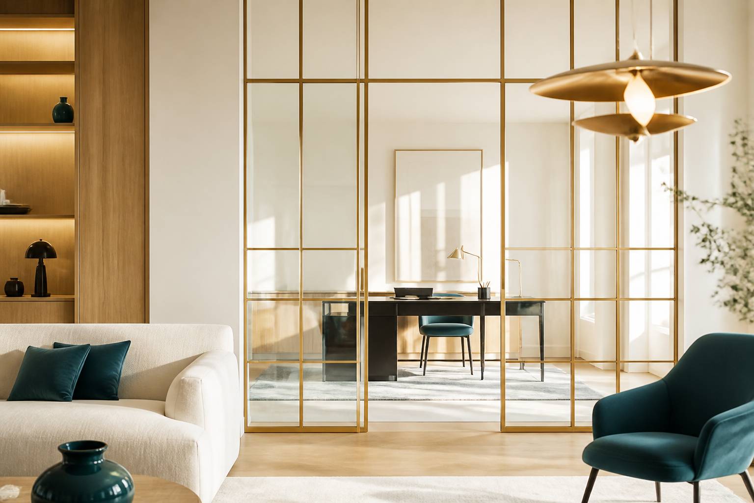 Verrière à meneaux en laiton séparant le salon du bureau dans un intérieur clair et raffiné