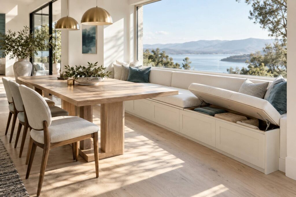 Coin repas lumineux avec banquette fixe sous une fenetre et table en bois