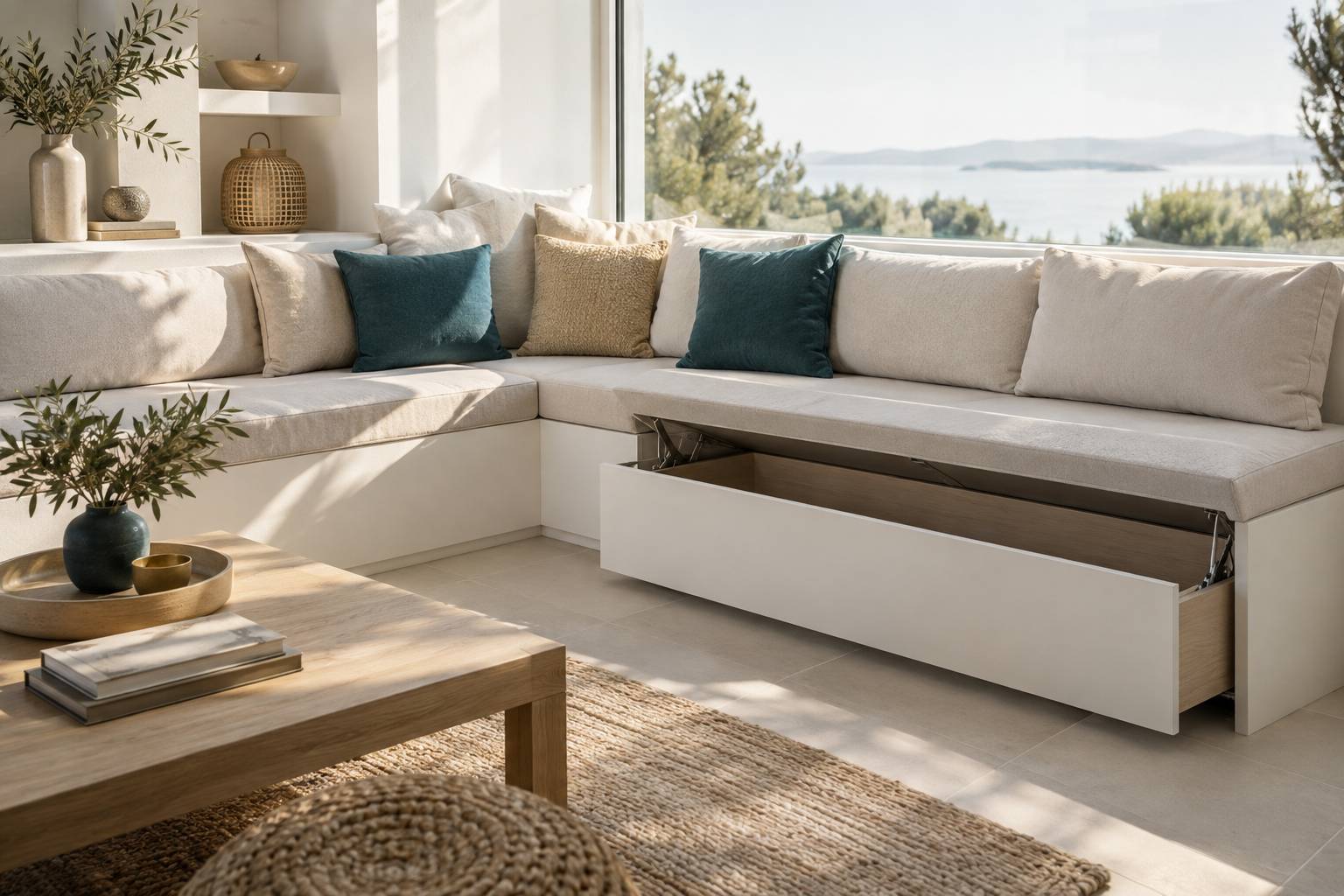 Gros plan sur une banquette claire et son coffre de rangement sous la fenetre