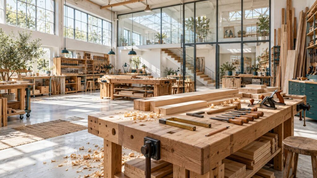Atelier de menuiserie sur mesure avec planches de bois massif, rabots et ciseaux à bois