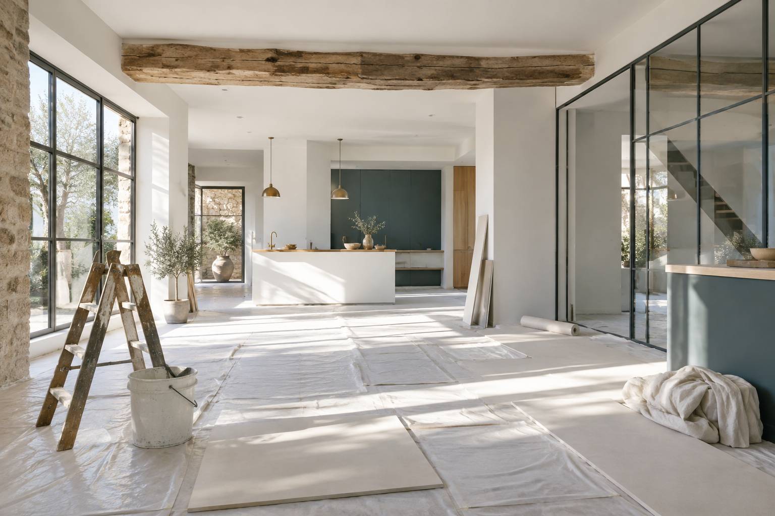 Interieur en travaux d'une maison ancienne aux volumes ouverts et grande fenetre