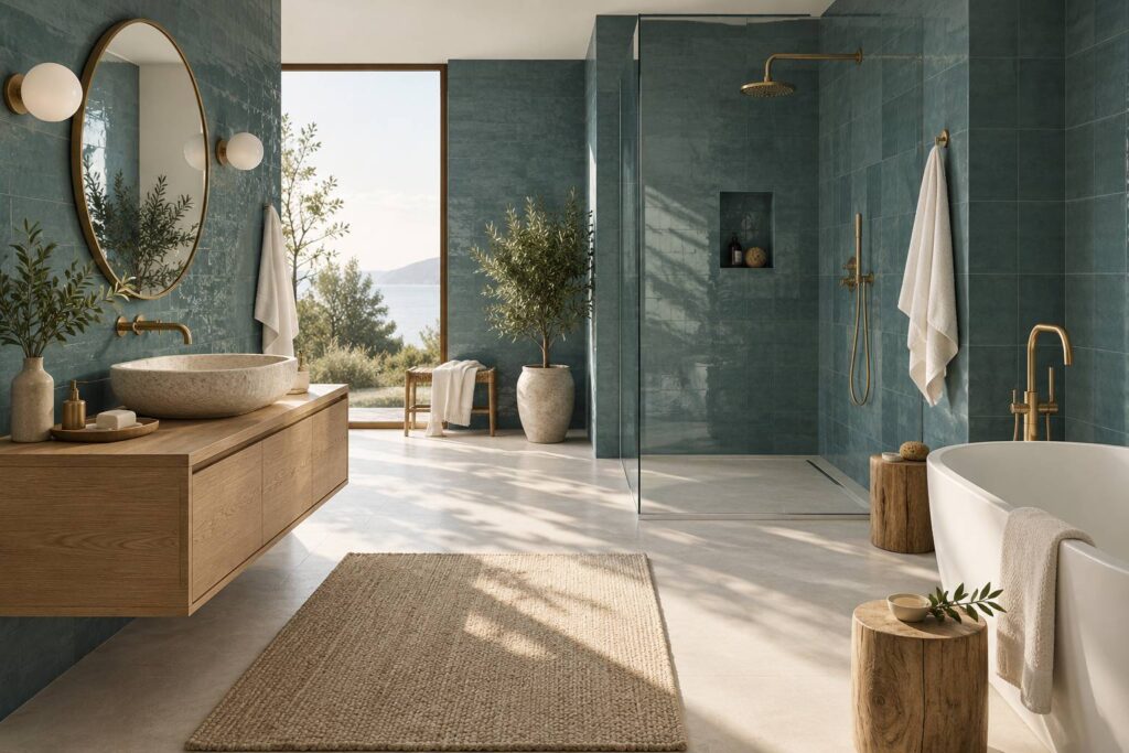 Salle de bain bleue elegante avec vasque en pierre et meuble en chene