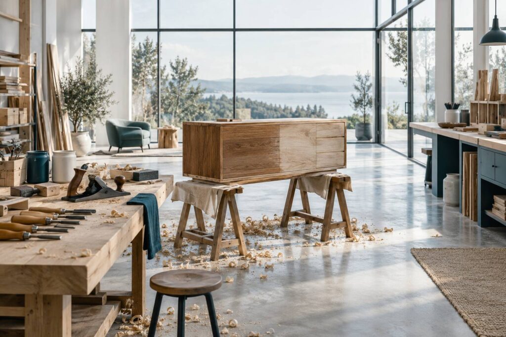 Atelier de menuiserie avec meuble en bois en cours de renovation